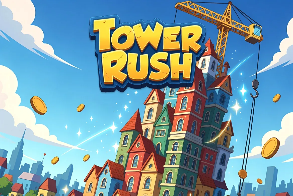 Gold coins scattered around a tall Tower Rush tower and a construction crane above the city skyline