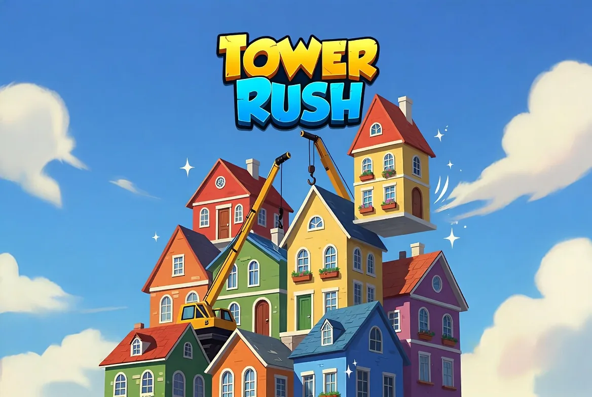 A Tower Rush crane lifting a yellow house onto a stack of colourful houses under a blue sky
