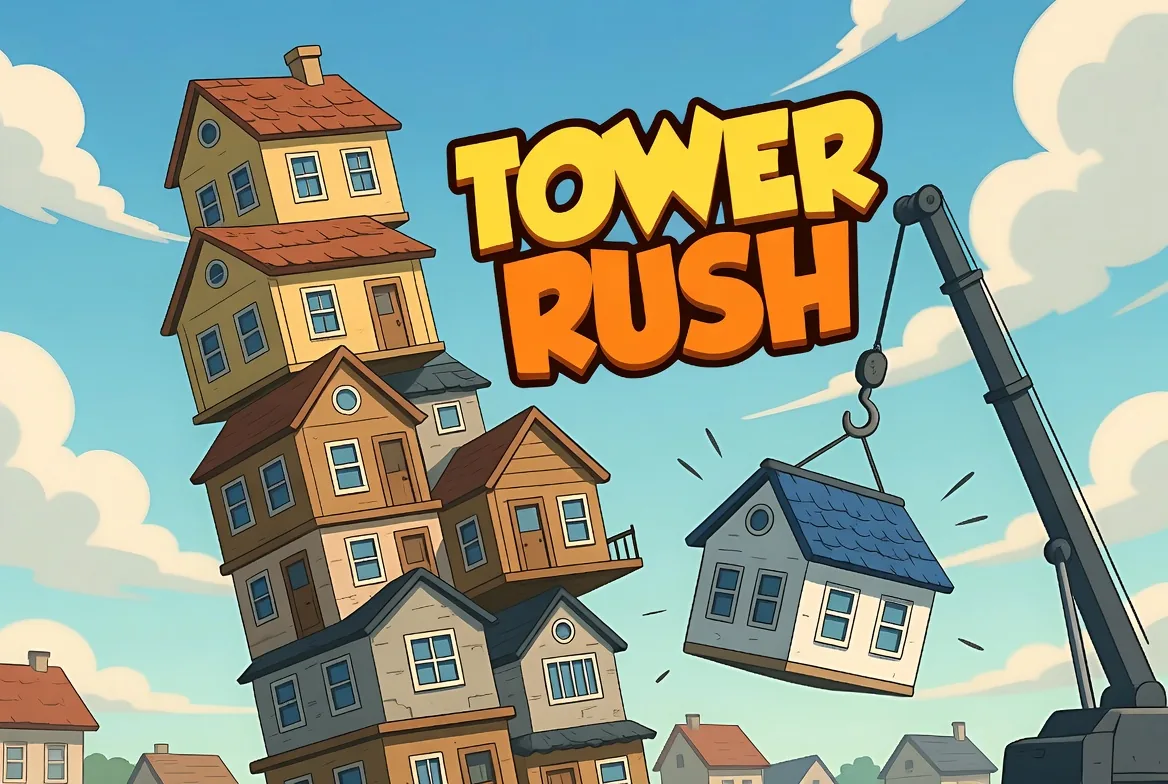A leaning Tower Rush stack of houses wobbling as a crane swings another house into place