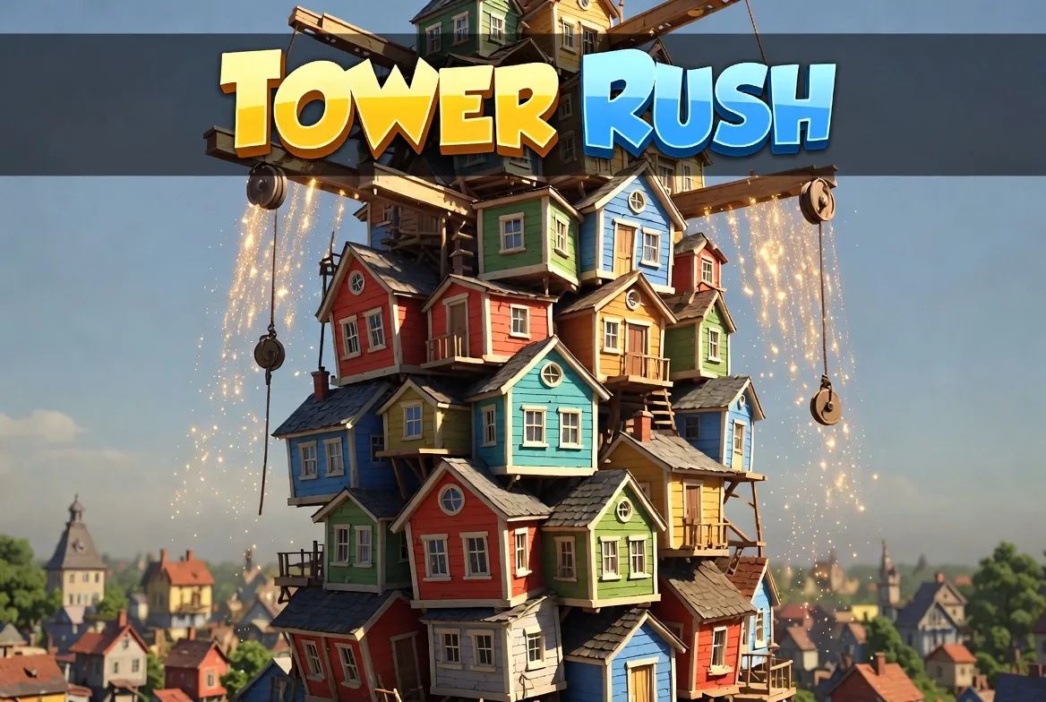 Tower Rush logo above a tall stack of colourful wooden houses with crane hooks and sparks over a small town
