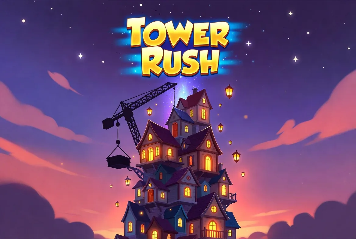 A Tower Rush tower lit at dusk among floating lanterns with a crane silhouette