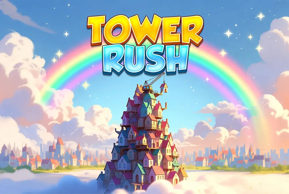 A pastel Tower Rush tower under a rainbow as a small crane places the top house